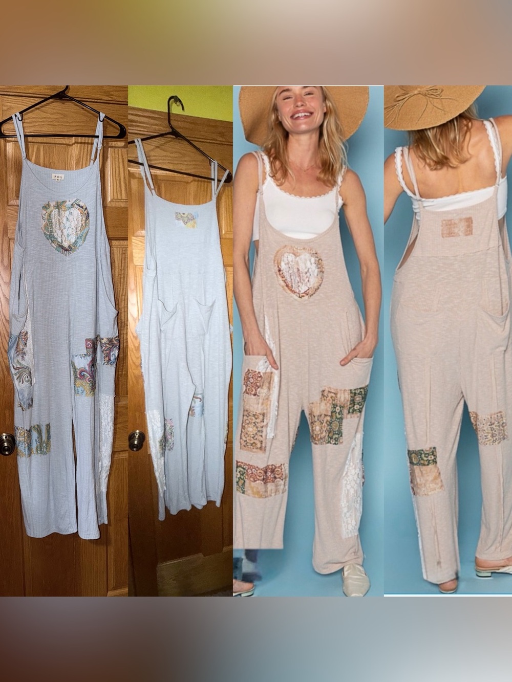 POL Beige Patchwork Heart Romper Jumpsuit